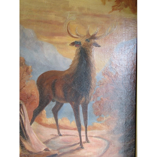 640 - Victorian Oil on Canvas Stag at Sunset Approximately 3ft 6 Inches High x 12 Inches Wide