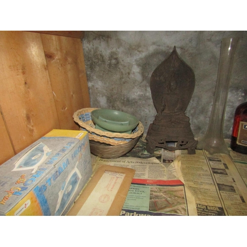 645 - Various Items Under Stairs As Photographed including Seated Deity