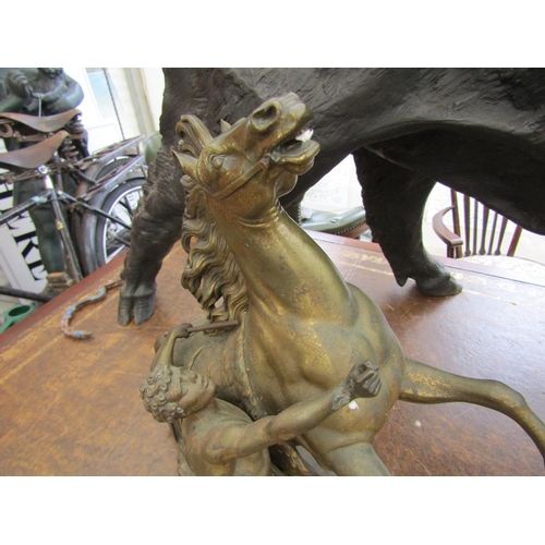 655 - Gilt Bronze Sculpture of Man with Rearing Stallion Approximately 14 Inches High