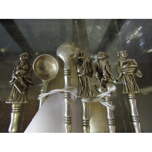 672 - Set of Six Solid Silver Chinese Spoons with Figural Decoration to Finger Rests Each Approximately 5 ... 