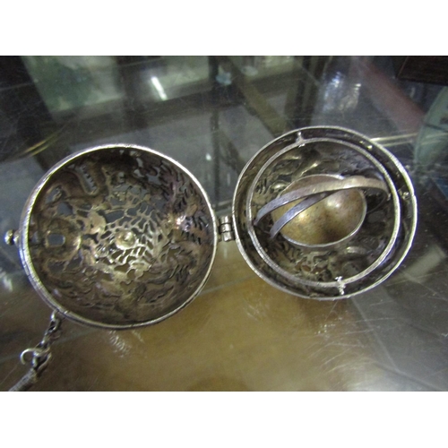 675 - Unusual Persian Silver Sensor Globe Form with Hinged Cover and Silver Chain