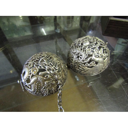 675 - Unusual Persian Silver Sensor Globe Form with Hinged Cover and Silver Chain