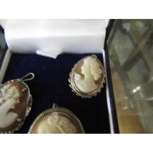 684 - Three Antique Cameo Brooches Solid Silver Mounted Depicting Ladies in Side Profile