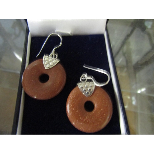 685 - Pair of Solid Silver Mounted Ladies Earrings with Solid Silver Mounted Pendant Possibly Amber