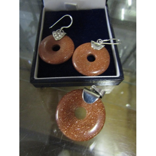 685 - Pair of Solid Silver Mounted Ladies Earrings with Solid Silver Mounted Pendant Possibly Amber