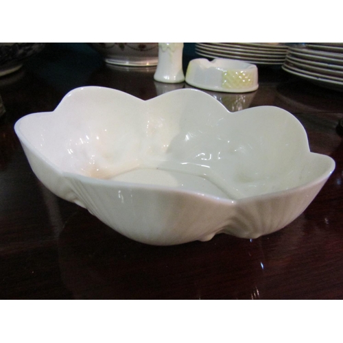 699 - Two Belleek Shaped Form Dishes Largest Approximately 5 Inches Wide Green and Brown Marks to Base