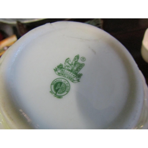 699 - Two Belleek Shaped Form Dishes Largest Approximately 5 Inches Wide Green and Brown Marks to Base