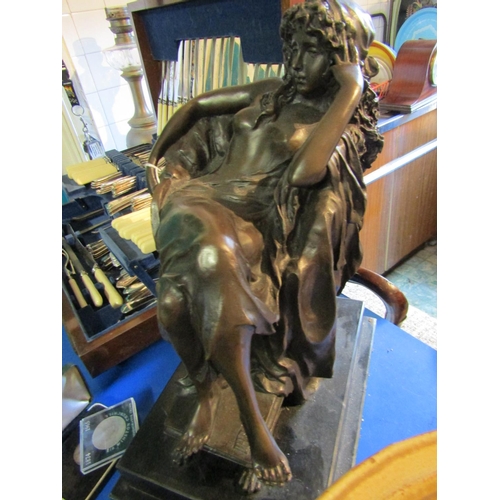 708 - Original Bronze Sculpture Seated Model on Rectangular Form Marble Base Signed Approximately 16 Inche... 