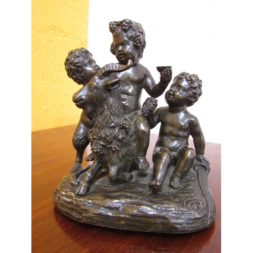 71 - Antique Bronze Sculpture Three Cherubs with Ram Well Chased and Modelled Signed to Base resting on O... 