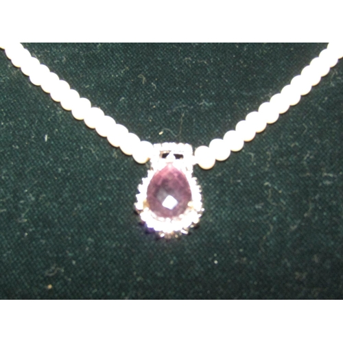 738 - Silver Amethyst Set Decorated Ladies Pearl Necklace