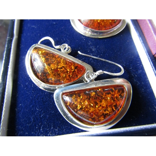 757 - Pair of Solid Silver Mounted Amber Demi-Lune Form Ladies Earrings with Matching Ladies Pendant Three... 