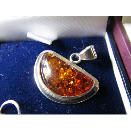 757 - Pair of Solid Silver Mounted Amber Demi-Lune Form Ladies Earrings with Matching Ladies Pendant Three... 