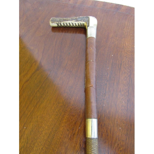 76 - Antique Solid Silver Mounted Horn Handled Leather-bound Riding Crop Approximately 26 Inches High