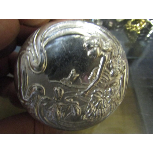 761 - Blue Crystal Table Jar with Solid Silver Cover Depicting Art Nouveau Lady Approximately 3 Inches Dia... 