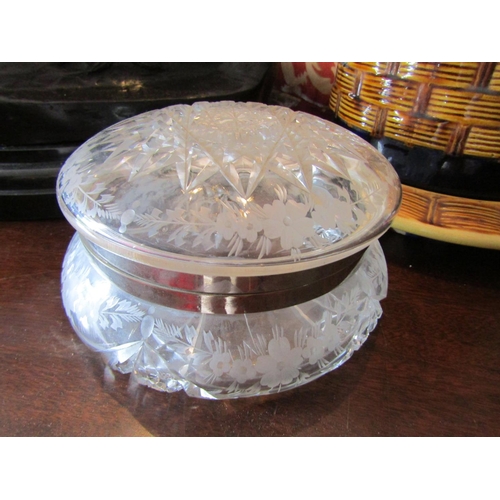 789 - Large Desk Jar Cut Crystal with Solid Silver Mounts Approximately 8 Inches Diameter