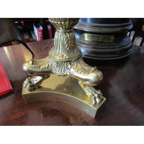 790 - Regency Gilded Brass Three Sconce Table Candelabra on Griffin Paw Supports Approximately 18 Inches