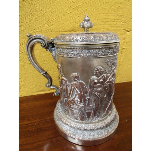 80 - Large Antique Tankard with Hinged Cover above Classical Motif Decorated Frieze Approximately 11 Inch... 