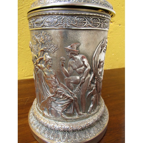 80 - Large Antique Tankard with Hinged Cover above Classical Motif Decorated Frieze Approximately 11 Inch... 