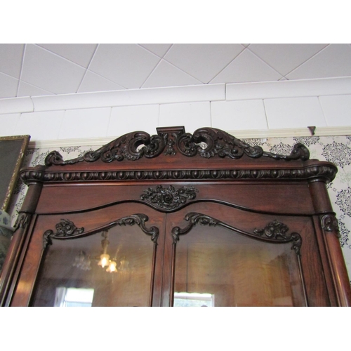 810 - William IV Figured Rosewood Two Door Bookcase Glazed Upper Section Cupboard Below Further Carved Dec... 