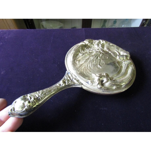 82 - Antique Art Nouveau Embossed Decorated Silver Gilt Ladies Hand Mirror of Elegant Form Depicting Cloa... 