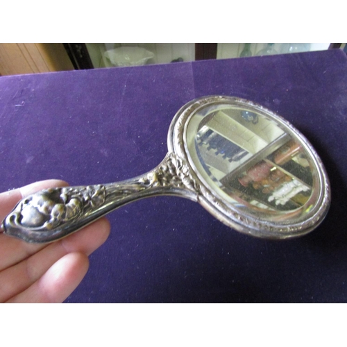 82 - Antique Art Nouveau Embossed Decorated Silver Gilt Ladies Hand Mirror of Elegant Form Depicting Cloa... 