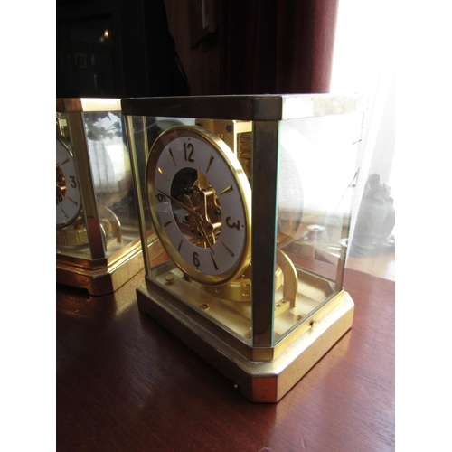 830 - Rare Pair of Vintage Jaeger-LeCoultre Gilded Brassbound Atmospheric Table Clock with Gilded Baton Di... 