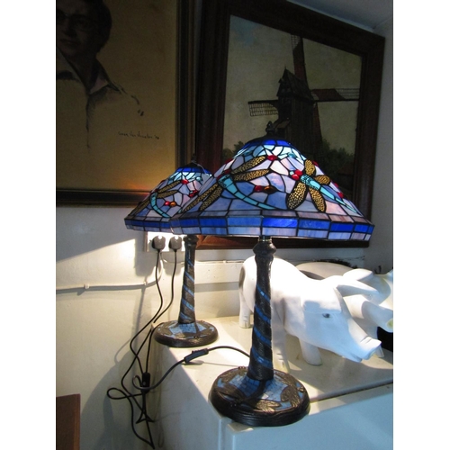 832 - Pair of Tiffany Dragonfly Motif Stain Glass Table Lamps Electrified Working Order Each Approximately... 