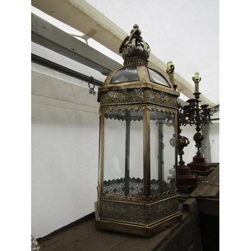 833 - Glass Inset Cast Metal Octagonal Form Candle Lantern Approximately 19 Inches High