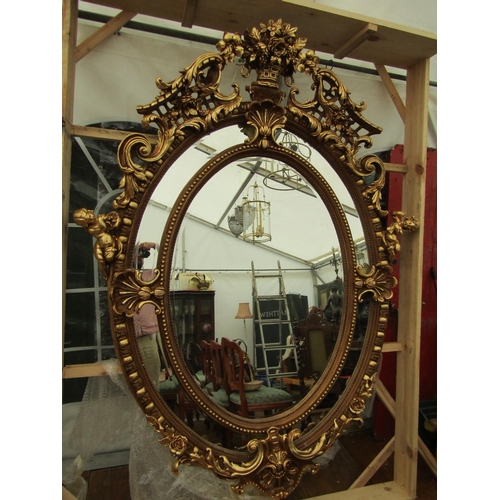 836 - Extremely Large and Imposing Oval Form Gilt Decorated Wall Mirror with Upper Cartouche Decoration Ap... 