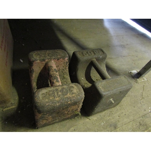 858 - Two 50lb Weights Cast Iron and Box of Various Contents including Saw etc