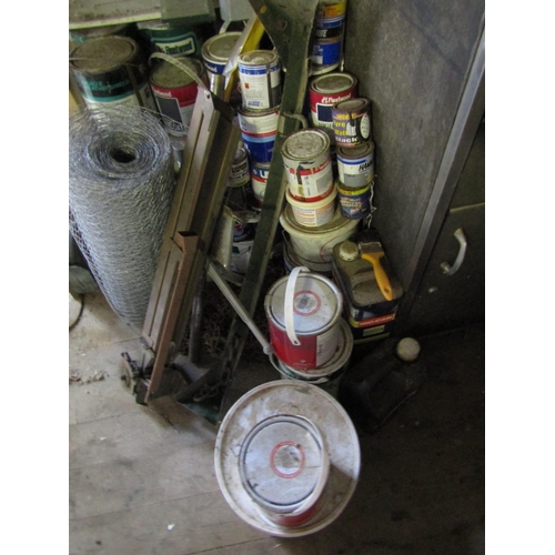 875 - Large Quantity of Paints contained within Store and Roll of Garden Mache Fencing