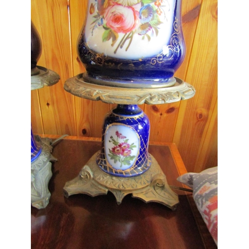 884 - Pair of Victorian Sevres Porcelain Table Lamps with Ormolu Mounts Electrified Each Approximately 30 ... 