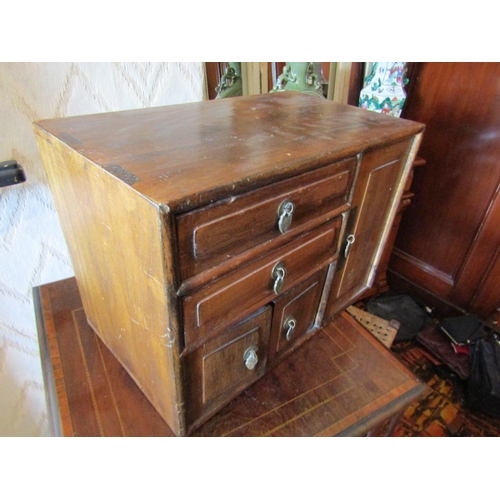 896 - Carved Hardwood Desktop Cabinet with Twin Drawers and Cupboard Doors Approximately 15 Inches Wide x ... 