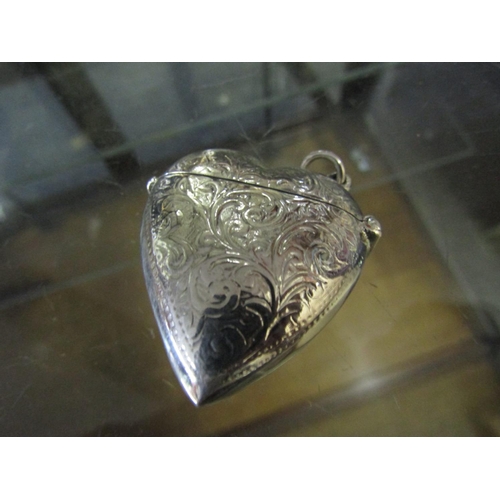 90 - Heart Motif Solid Silver Vesta Case with Hinged Cover and Inset Roundrel Depicting Nude Lady