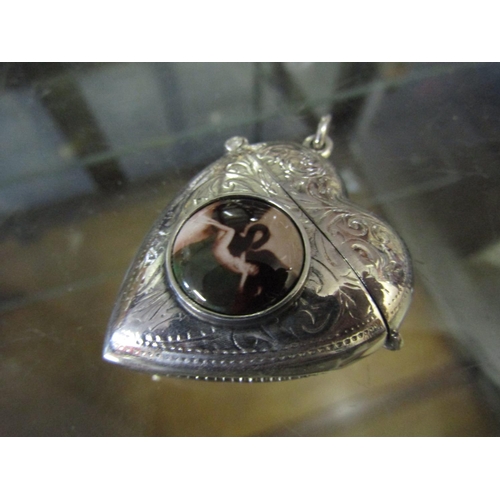 90 - Heart Motif Solid Silver Vesta Case with Hinged Cover and Inset Roundrel Depicting Nude Lady