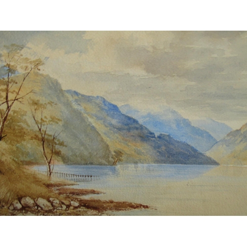 931 - Edwardian Watercolour Lake Scene with Mountains Beyond Approximately 16 Inches High x 20 Inches Wide... 