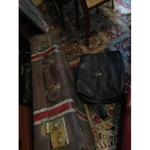 94 - Victorian Leatherbound Trunk with Brass Locks and Leather Handle Approximately 36 Inches Wide along ... 