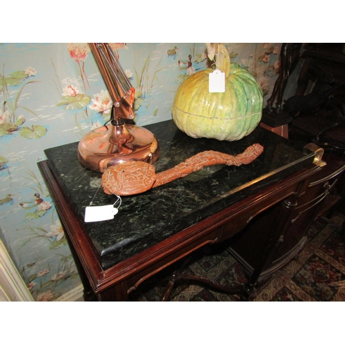 95 - Green Marble Top Figured Mahogany Side Table with Shaped Cross Stretcher Below Approximately 26 Inch... 