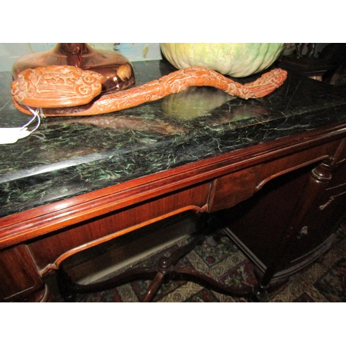 95 - Green Marble Top Figured Mahogany Side Table with Shaped Cross Stretcher Below Approximately 26 Inch... 