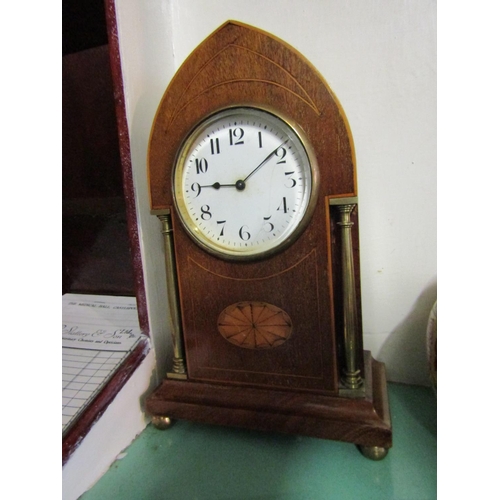 956 - Antique Marquetry Decorated Brass Column Side Shelf Clock with Brassbound Dial Approximately 10 Inch... 