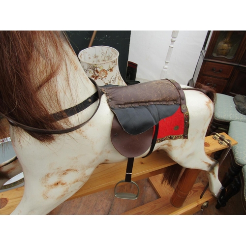 960 - Carved Wooden Rocking Horse Handpainted with Real Horse Hair and Leather Saddle Stirrups Good Origin... 