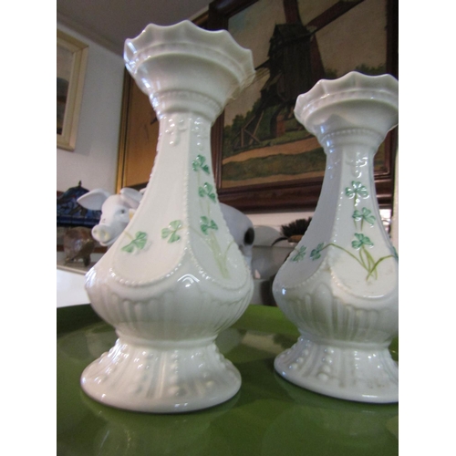 993 - Pair of Blue Mark Shamrock Motif Decorated Vases of Shaped Form Each Approximately 9 Inches High