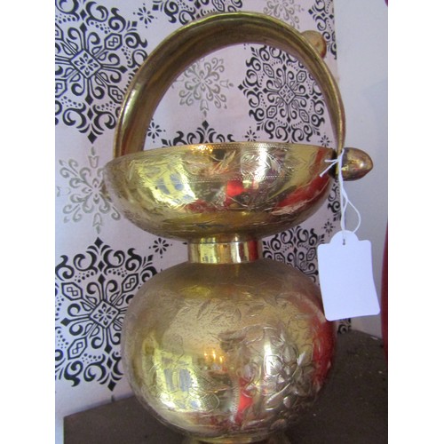 177 - Antique Brass Double Globe Form Vase Unusual Engraved Detailing Approximately 12 Inches High