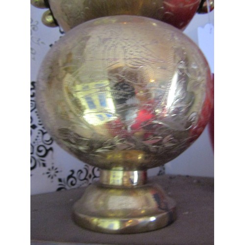 177 - Antique Brass Double Globe Form Vase Unusual Engraved Detailing Approximately 12 Inches High