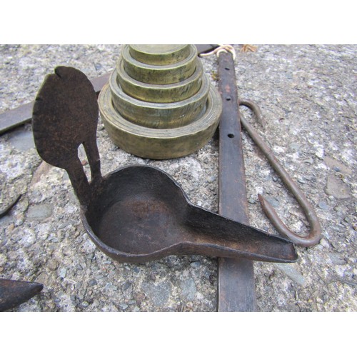 174 - Set of Old Regency Brass Weights and Regency Wrought and Cut Iron Hangers with Pouring Cups