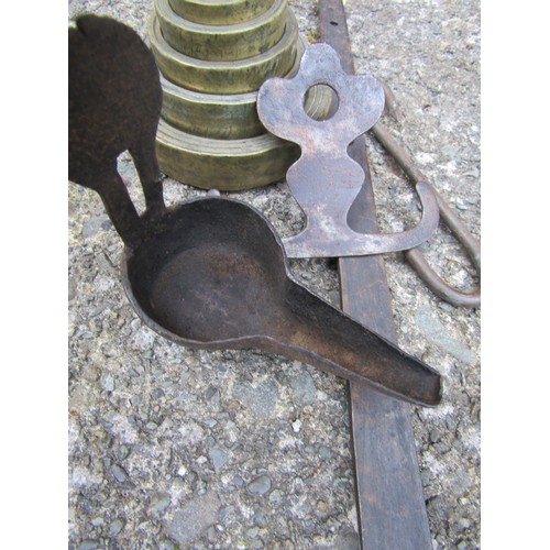 174 - Set of Old Regency Brass Weights and Regency Wrought and Cut Iron Hangers with Pouring Cups