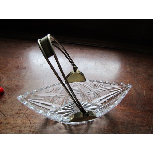 175 - Antique Russian Silver Swing Handle Boat Form Cut Crystal Basket 10 Inches Wide Approximately