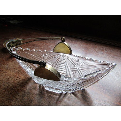 175 - Antique Russian Silver Swing Handle Boat Form Cut Crystal Basket 10 Inches Wide Approximately