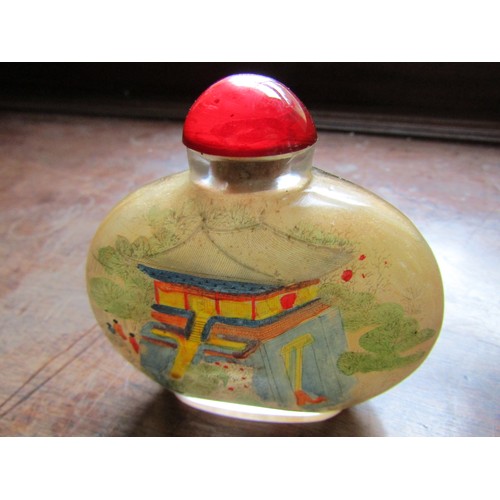 176 - Reverse Painted Oriental Globe Form Snuff Bottle Double Sided with Original Red Cabochon Cut Stopper... 