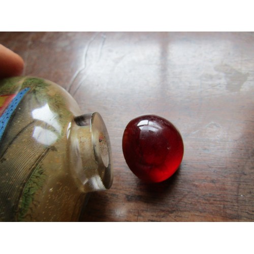 176 - Reverse Painted Oriental Globe Form Snuff Bottle Double Sided with Original Red Cabochon Cut Stopper... 